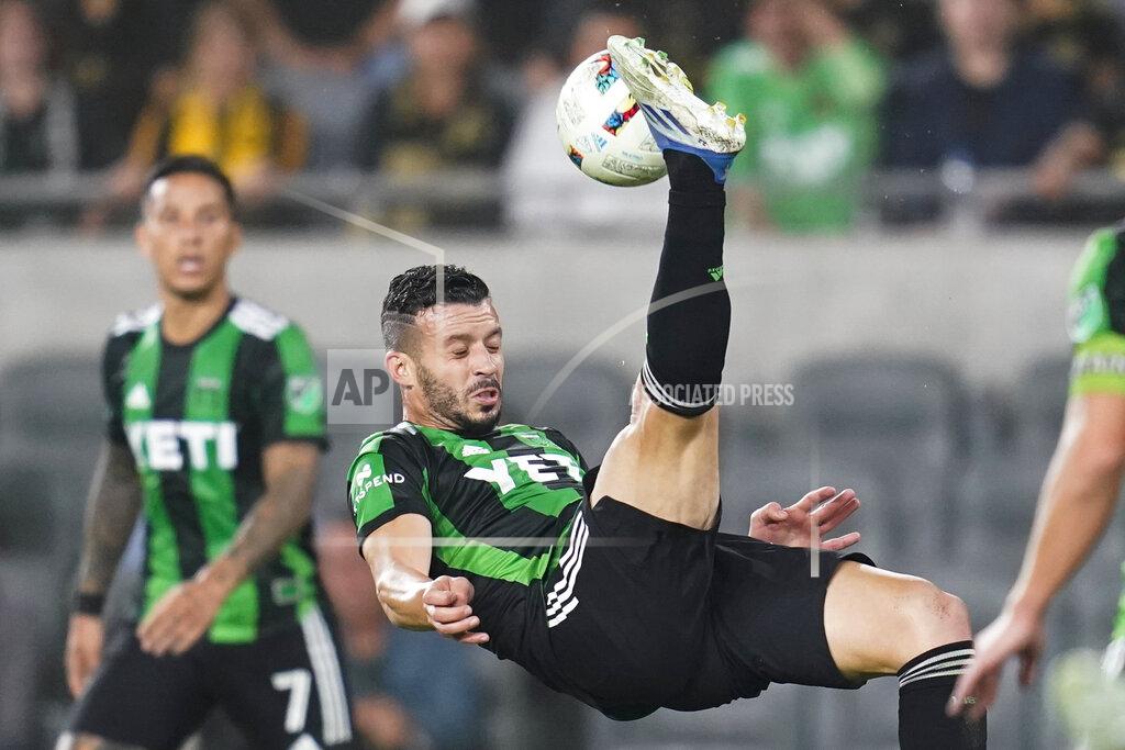 Ashley Landis Austin FC midfielder Felipe Martins (22) kicks the ball during the second half of an MLS soccer match against the Los Angeles FC in Los Angeles, Wednesday, May 18, 2022. (AP Photo/Ashley Landis)