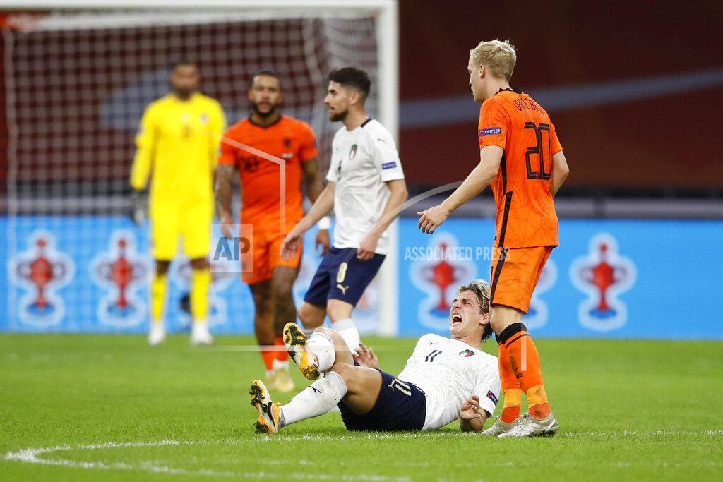 Peter Dejong Italy's Nicolo Zaniolo grimaces in pain after being injured during the UEFA Nations League soccer match between The Netherlands and Italy at the Johan Cruijff ArenA in Amsterdam, Netherlands, Monday, Sept. 7, 2020. (AP Photo/Peter Dejong)