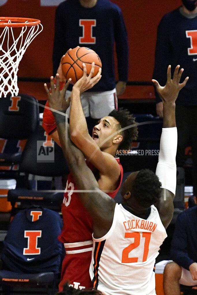 Holly Hart Indiana's forward Trayce Jackson-Davis (23) puts up a shot as Illinois center Kofi Cockburn (21) defends in the first half of an NCAA college basketball game Saturday, Dec. 26, 2020, in Champaign, Ill. (AP Photo/Holly Hart)