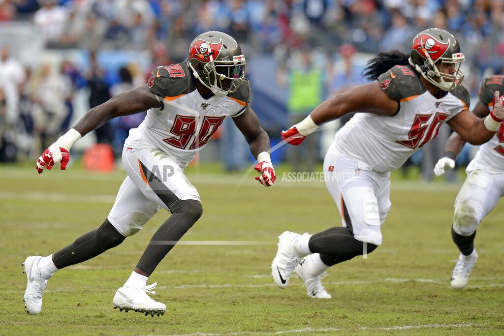 Mark Zaleski Tampa Bay Buccaneers linebacker Jason Pierre-Paul (90) plays against the Tennessee Titans in the second half of an NFL football game Sunday, Oct. 27, 2019, in Nashville, Tenn. (AP Photo/Mark Zaleski)