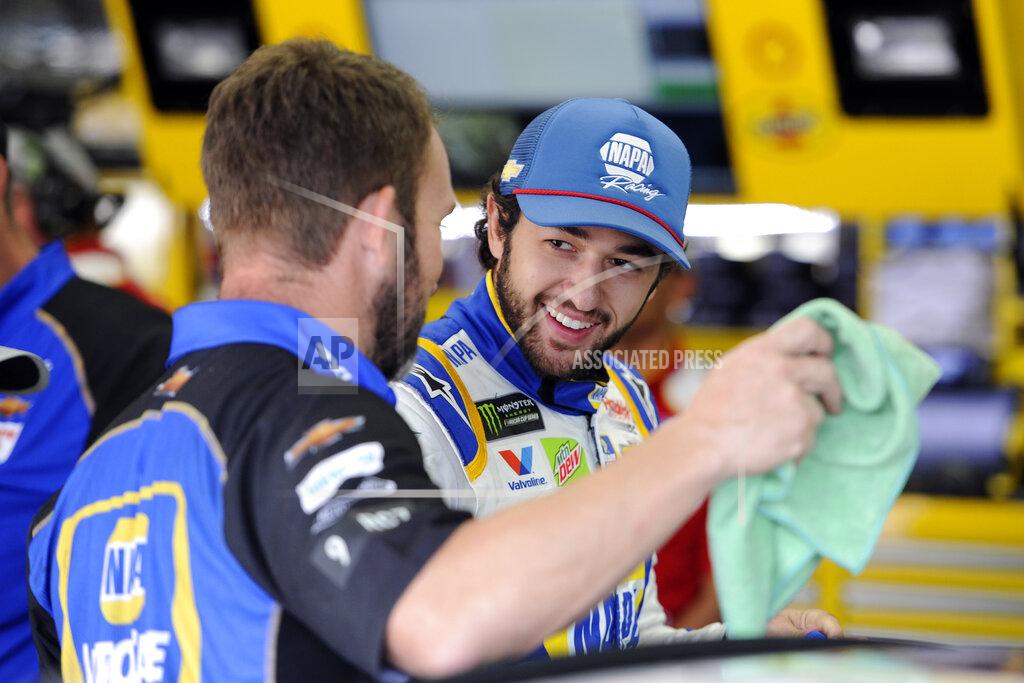 Mike Mccarn Chase Elliott smiles during practice for Sunday's NASCAR Cup Series auto race at Charlotte Motor Speedway in Concord, N.C., Saturday, Sept. 28, 2019. (AP Photo/Mike McCarn)