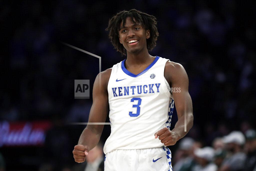 Adam Hunger Kentucky guard Tyrese Maxey reacts after making a basket during the second half of an NCAA college basketball game against Michigan State early Wednesday, Nov. 6, 2019, in New York. Kentucky won 69-62. (AP Photo/Adam Hunger)