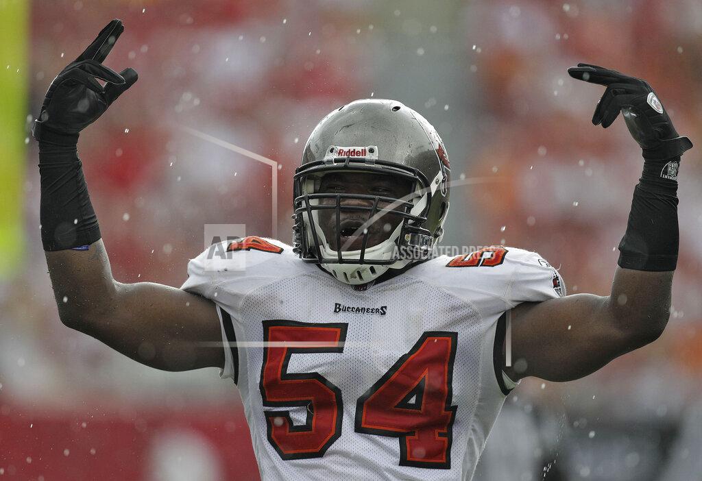 Chris O'meara FILE - Tampa Bay Buccaneers linebacker Geno Hayes (54) gestures during an NFL football game against the Cleveland Browns in Tampa, Fla., in this Sunday, Sept. 12, 2010, file photo. Hayes, a former NFL linebacker who starred at Florida State, has died. He was 33. The Tampa Bay Buccaneers on Tuesday, April 27, 2021, confirmed his death. He had liver disease and had been in hospice care. (AP Photo/Chris O'Meara, File)