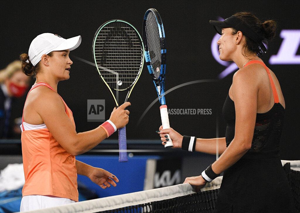 Andy Brownbill Australia's Ash Barty, left, is congratulated by Spain's Garbine Muguruza after winning the final of the Yarra River Classic in Melbourne, Australia, Sunday, Feb. 7, 2021.(AP Photo/Andy Brownbill)