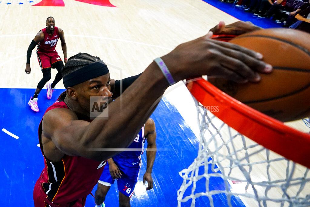 Matt Slocum Miami Heat's Jimmy Butler dunks against the Philadelphia 76ers during the second half of Game 6 of an NBA basketball second-round playoff series, Thursday, May 12, 2022, in Philadelphia. (AP Photo/Matt Slocum)