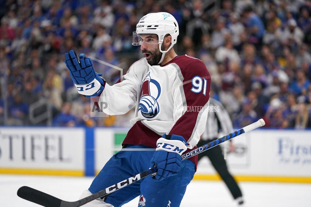 Jeff Roberson Colorado Avalanche's Nazem Kadri celebrates after scoring during the third period in Game 4 of an NHL hockey Stanley Cup second-round playoff series against the St. Louis Blues Monday, May 23, 2022, in St. Louis. (AP Photo/Jeff Roberson)