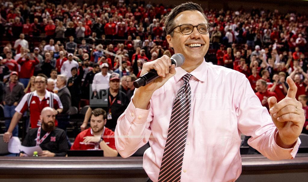 Francis Gardler Nebraska coach Tim Miles addresses fans after the team's 80-76 win over Butler during an NCAA college basketball game in the NIT on Wednesday, March 20, 2019, in Lincoln, Neb. (Francis Gardler/Lincoln Journal Star via AP)