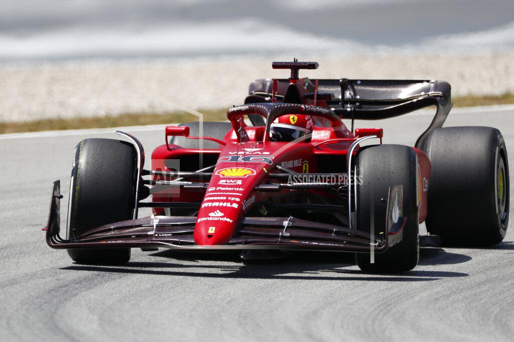 Joan Monfort Ferrari driver Charles Leclerc of Monaco steers his car during practice session at the Barcelona Catalunya racetrack in Montmelo, Spain, Friday, May 20, 2022. The Formula One race will be held on Sunday. (AP Photo/Joan Monfort)