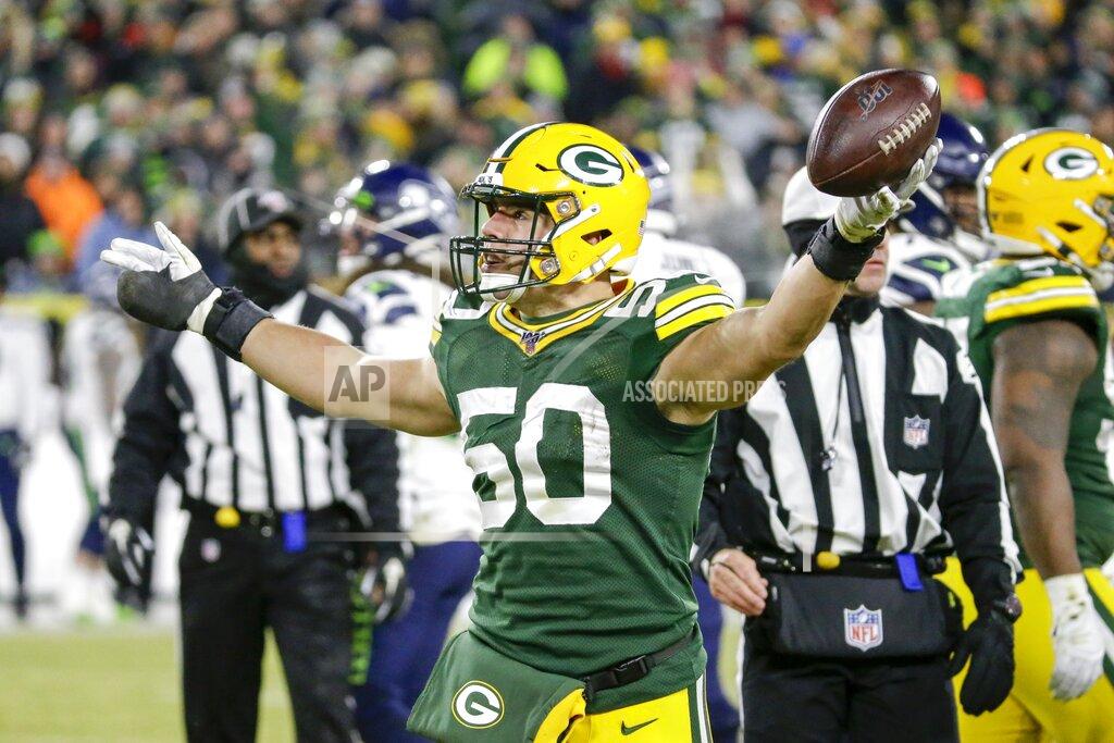 Mike Roemer Green Bay Packers' Blake Martinez reacts after a third down stop during the first half of an NFL divisional playoff football game against the Seattle Seahawks Sunday, Jan. 12, 2020, in Green Bay, Wis. (AP Photo/Mike Roemer)