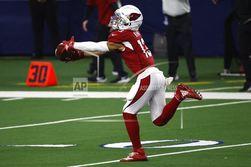 Ron Jenkins Arizona Cardinals wide receiver Christian Kirk (13) catches a long pass and runs it for a touchdown in the first half of an NFL football game against the Dallas Cowboys in Arlington, Texas, Monday, Oct. 19, 2020. (AP Photo/Ron Jenkins)