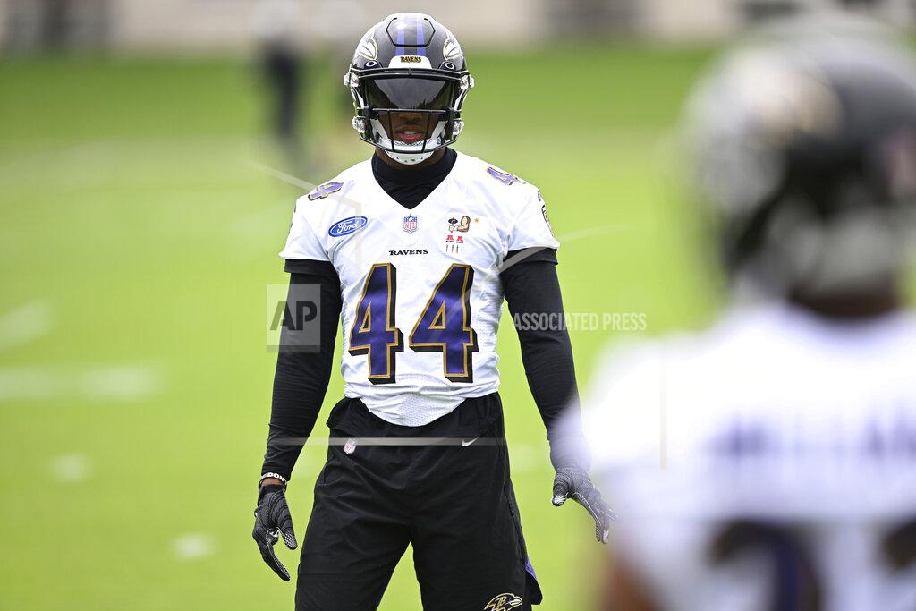Gail Burton Baltimore Ravens cornerback Marlon Humphreyis shown during an NFL football practice, Wednesday, May 25, 2022, in Owings Mills, Md. (AP Photo/Gail Burton)
