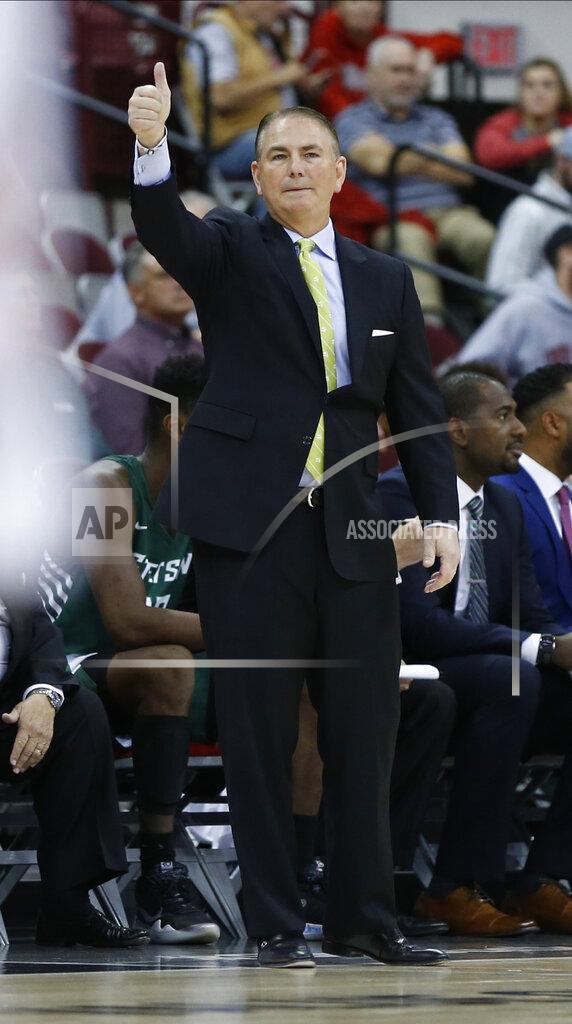 Jay Laprete Stetson head coach Donnie Jones signals to his team during the first half of an NCAA college basketball game against Ohio State, Monday, Nov. 18, 2019, in Columbus, Ohio. (AP Photo/Jay LaPrete)