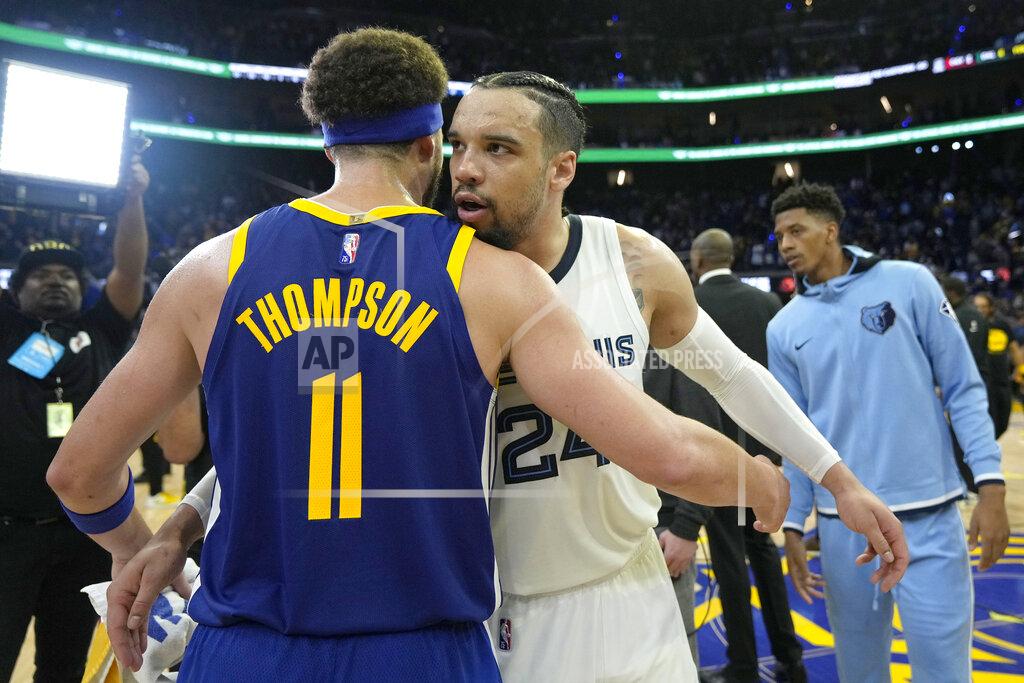 Tony Avelar Memphis Grizzlies forward Dillon Brooks, right, congratulates Golden State Warriors guard Klay Thompson (11) at the end of Game 6 of an NBA basketball Western Conference playoff semifinal in San Francisco, Friday, May 13, 2022. The Warriors won 110-96, advancing to the conference finals. (AP Photo/Tony Avelar)