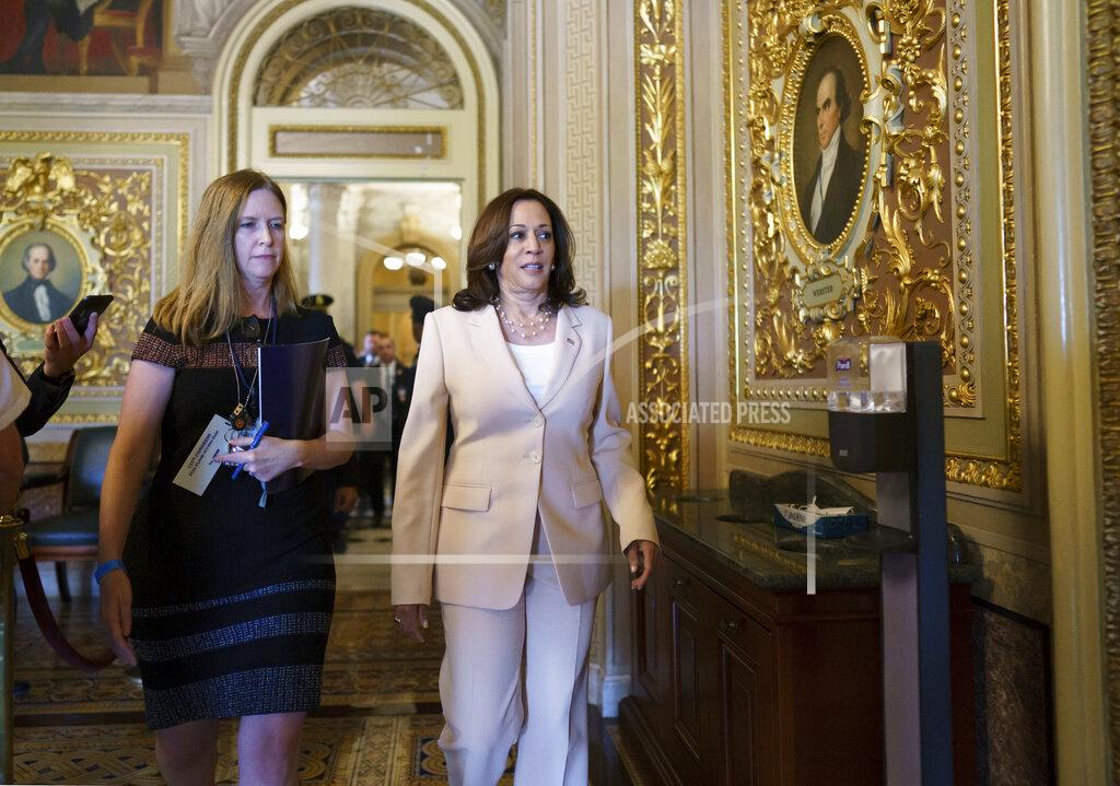 J. Scott Applewhite Vice President Kamala Harris arrives at the Senate to break any tie votes as the Senate prepares to hold a procedural vote on infrastructure, at the Capitol in Washington, Wednesday, July 21, 2021. Republicans are prepared to block the vote by mounting a filibuster over what they see as a rushed and misguided process. (AP Photo/J. Scott Applewhite)