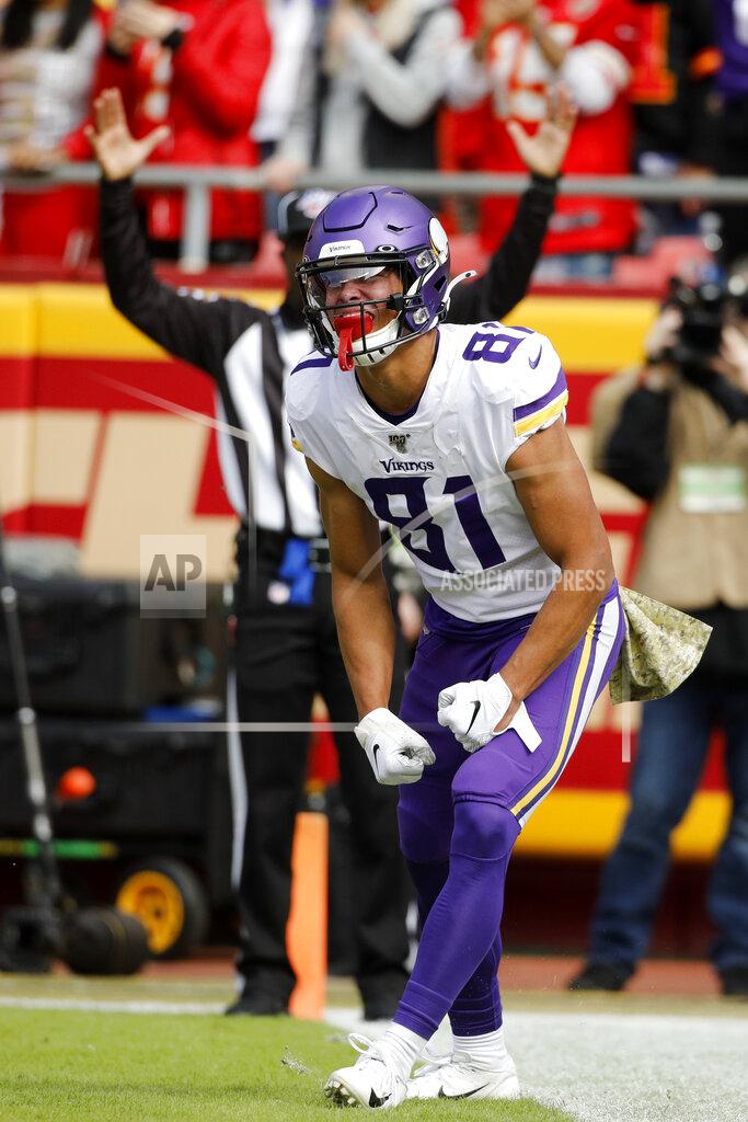 Colin E. Braley Minnesota Vikings wide receiver Bisi Johnson (81) celebrates his touchdown during the first half of an NFL football game against the Kansas City Chiefs in Kansas City, Mo., Sunday, Nov. 3, 2019. (AP Photo/Colin E. Braley)