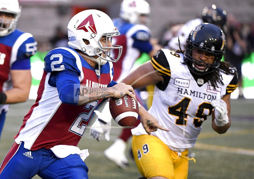 Paul Chiasson FILE - In this Aug. 3, 2018, file photo, Montreal Alouettes quarterback Johnny Manziel (2) runs with the ball against the Hamilton Tiger-Cats during the first half of a Canadian Football League game in Montreal. Manziel has been signed by the Alliance of American Football and will join the Memphis Express. The quarterback's rights belonged to San Antonio of the spring league, but that team declined to sign him and Manziel then was free to join any of the other seven clubs.(Paul Chiasson/The Canadian Press via AP, File)