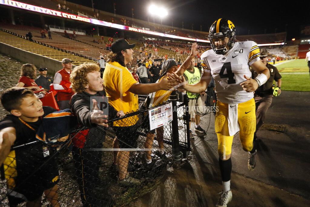 Charlie Neibergall Iowa quarterback Nate Stanley (4) runs off the field after an NCAA college football game against Iowa State, Saturday, Sept. 14, 2019, in Ames, Iowa. (AP Photo/Charlie Neibergall)