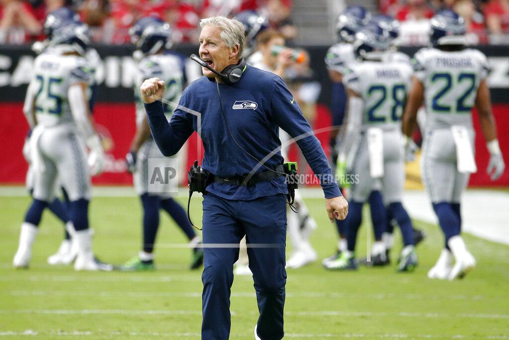 Rick Scuteri Seattle Seahawks head coach Pete Carroll cheers on his team during the first half of an NFL football game against the Arizona Cardinals, Sunday, Sept. 29, 2019, in Glendale, Ariz. (AP Photo/Rick Scuteri)