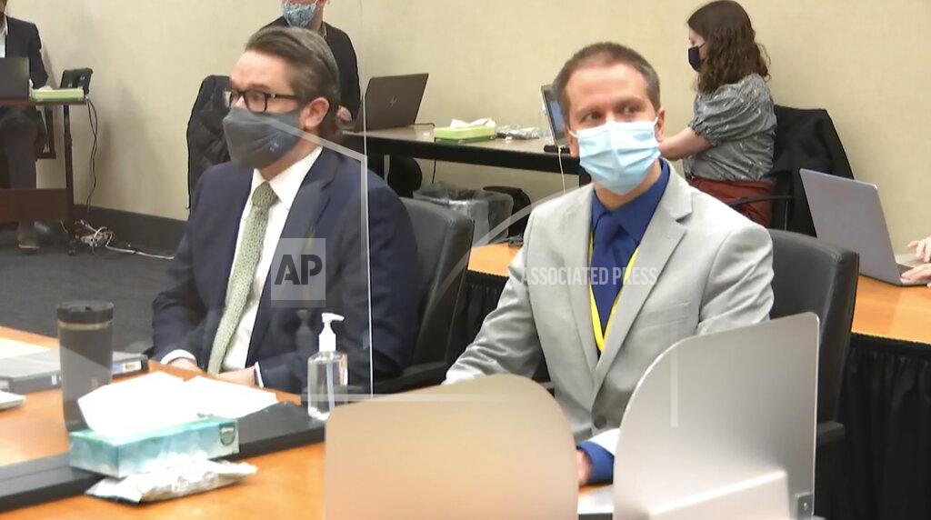 Uncredited In this image from video, defense attorney Eric Nelson, left, and defendant, former Minneapolis police officer Derek Chauvin listen to Hennepin County Judge Peter Cahill read instructions to the jury before closing arguments, Monday, April 19, 2021, in the trial of Chauvin at the Hennepin County Courthouse in Minneapolis. Chauvin is charged in the May 25, 2020 death of George Floyd. (Court TV via AP, Pool)