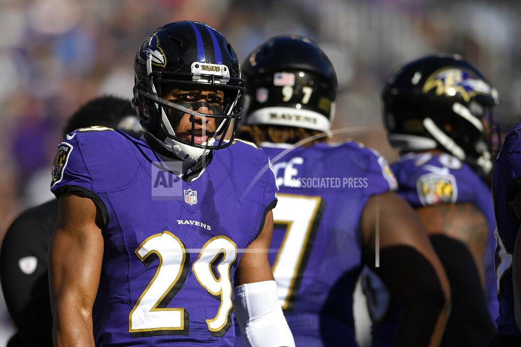 Nick Wass FILE - In this Sunday, Jan. 6, 2019 file photo, Baltimore Ravens cornerback Marlon Humphrey (29) walks on the field in the first half of an NFL wild card playoff football game against the Los Angeles Chargers in Baltimore. The strength of Baltimore’s defense is a secondary led by safety Earl Thomas, signed as a free agent to replace the departed Eric Weddle. The loss of nickel back Tavon Young to a neck injury should hurt, but cornerbacks Marlon Humphrey, Brandon Carr and Jimmy Smith, along with strong safety Tony Jefferson, will provide ample coverage downfield. (AP Photo/Nick Wass, File)