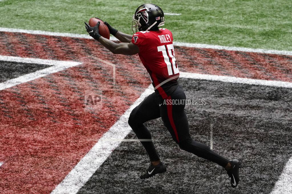 John Bazemore Atlanta Falcons wide receiver Calvin Ridley (18) scores a touchdown against the Detroit Lions during the first half of an NFL football game, Sunday, Oct. 25, 2020, in Atlanta. (AP Photo/John Bazemore)