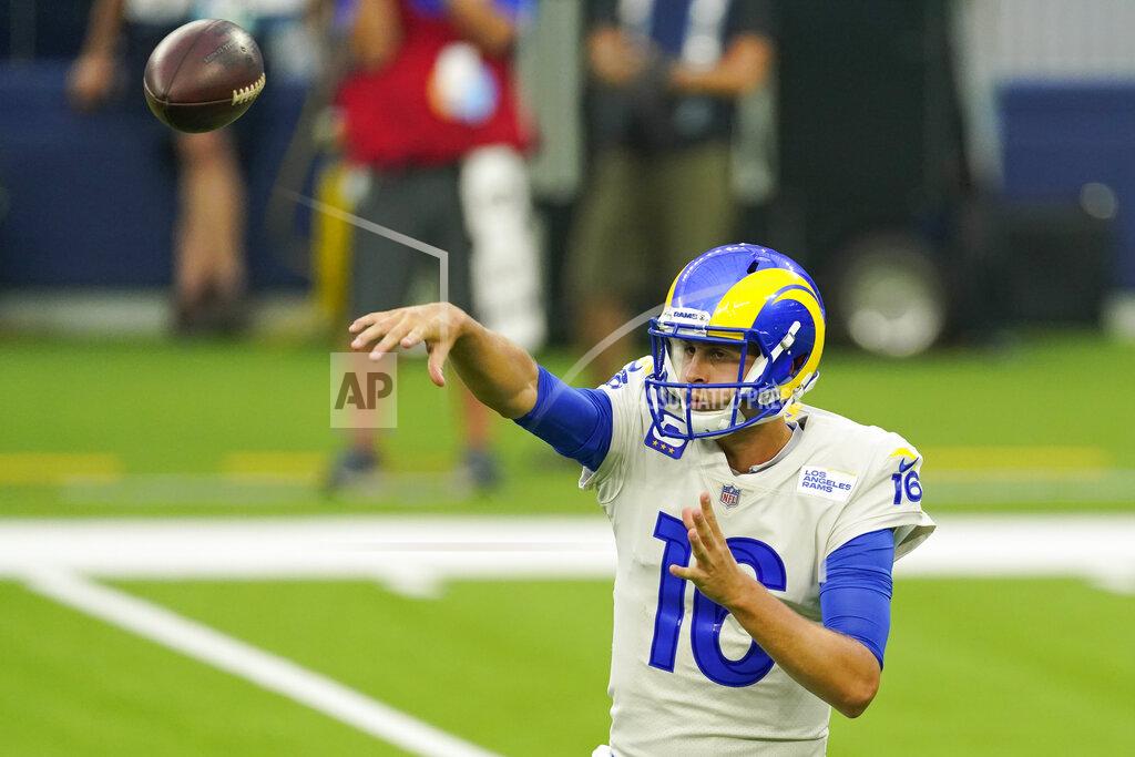 Ashley Landis Los Angeles Rams quarterback Jared Goff (16) throws during the first half of an NFL football game against the Dallas Cowboys Sunday, Sept. 13, 2020, in Inglewood, Calif. (AP Photo/Ashley Landis)