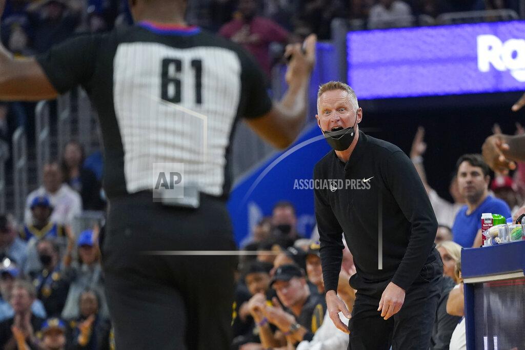 Jeff Chiu Golden State Warriors coach Steve Kerr, right, reacts to referee Courtney Kirkland (61) after a call during the first half of Game 3 of the team's NBA basketball Western Conference playoff semifinal against the Memphis Grizzlies in San Francisco, Saturday, May 7, 2022. (AP Photo/Jeff Chiu)