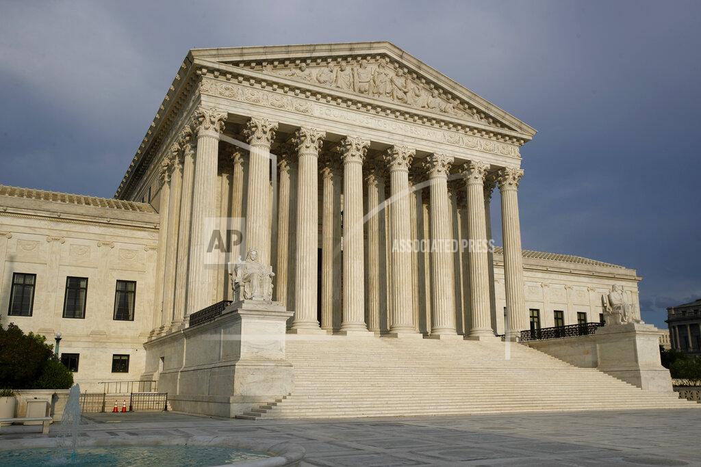 FILE - In this May 3, 2020, file photo, the setting sun shines on the Supreme Court building in Washington. As coronavirus cases surge again nationwide, the Supreme Court late Wednesday, Nov. 25, temporarily barred New York from enforcing certain attendance limits at houses of worship in areas designated as hard hit by the virus. The court’s action won’t have any immediate impact since the two groups that sued as a result of the restrictions, the Catholic church and Orthodox Jewish synagogues, are no longer subject to them. (AP Photo/Patrick Semansky, File)