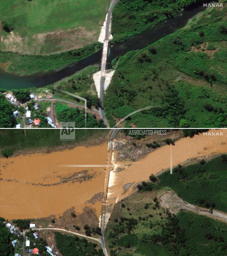 Uncredited This combination of two satellite images provided by Maxar Technologies shows above, a Jan. 18, 2022 view of a bridge over the Rio Grande de Arecibo before the passing the Hurricane Fiona, in Arecibo, Puerto Rico, and a photo after the passing of Hurricane Fiona, on Wednesday, Sept. 21, 2022. (Satellite image ©2022 Maxar Technologies via AP)