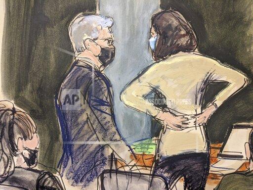 In this courtroom sketch, defense attorney Jeffrey Pagliuca, left, confers with Ghislaine Maxwell after making an argument to Judge Nathan regarding the removal of a juror due to holiday travel plans that would disrupt the trial schedule during Maxwell's sex trafficking trial, Tuesday, Nov. 30, 2021, in New York. A longtime pilot for the late financier Jeffrey Epstein resumed his testimony at Ghislaine Maxwell's sex trafficking trial Tuesday, saying that the British socialite charged with helping the financier find teenage girls to sexually abuse was "Number 2" in the hierarchy of Epstein's operations. (AP Photo/Elizabeth Williams)