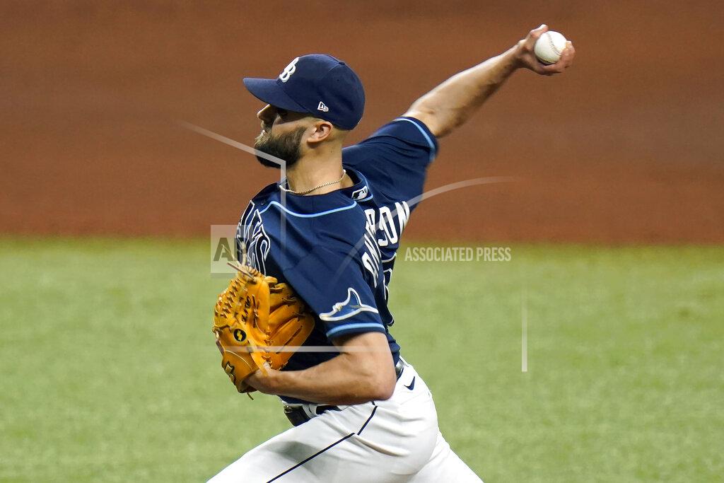Chris O'meara Tampa Bay Rays relief pitcher Nick Anderson delivers to the Toronto Blue Jays during the seventh inning of Game 1 of a wild card series playoff baseball game Tuesday, Sept. 29, 2020, in St. Petersburg, Fla. (AP Photo/Chris O'Meara)