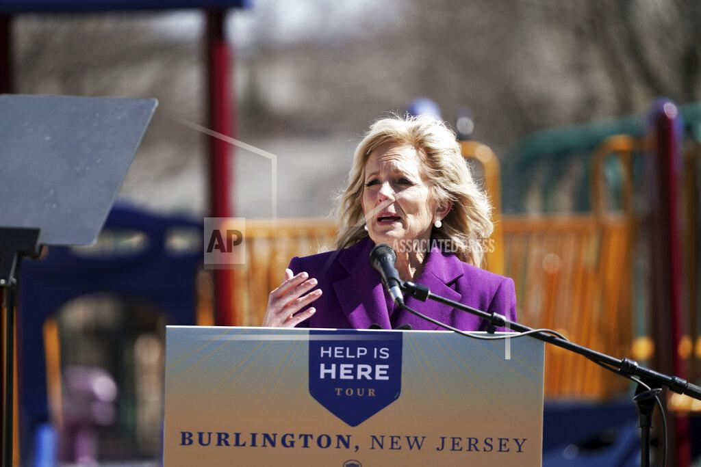 Anna Moneymaker First lady Jill Biden speaks at a playground outside of the Samuel Smith Elementary School in Burlington, N,J., on Monday, March 15, 2021. (Anna Moneymaker/The New York Times via AP, Pool)