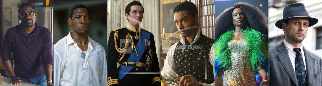 Uncredited This combination of photos shows Emmy nominees for best lead actor in a drama series, from left, Sterling K. Brown in "This Is Us," Jonathan Majors in "Lovecraft Country," Josh O'Connor in "The Crown," Rege-Jean Page in "Bridgerton," Billy Porter in "Pose," and Matthew Rhys in "Perry Mason." (NBC/HBO/Netflix/Netflix/FX/HBO via AP)