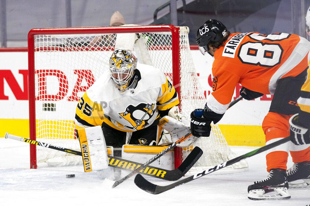 Chris Szagola Philadelphia Flyers' Joel Farabee, right, scores a goal on Pittsburgh Penguins goaltender Tristan Jarry during the second period of an NHL hockey game Wednesday, Jan. 13, 2021, in Philadelphia. (AP Photo/Chris Szagola)