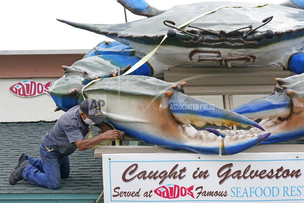 David J. Phillip Miguel Andrade secures a strap over a giant crab atop Gaido's Seafood Restaurant, Tuesday, Aug. 25, 2020, in Galveston, Texas, as Hurricane Laura heads toward the Gulf Coast. The crab has been on display since 1960. (AP Photo/David J. Phillip)