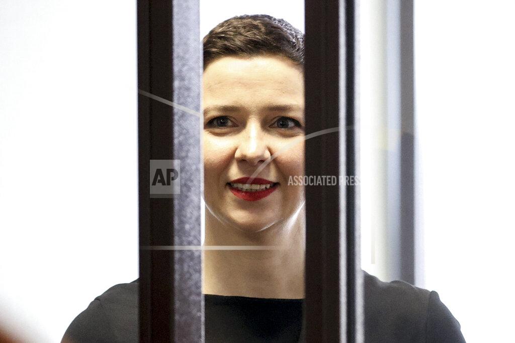 Ramil Nasibulin Belarus' opposition activists Maria Kolesnikova attends a court hearing in Minsk, Belarus, Wednesday, Aug. 4, 2021. Kolesnikova resisted the authorities' attempts to force her to leave Belarus and ripped her passport when officers of the Belarusian security agency tried to forcibly expel her in September of 2020. (Ramil Nasibulin/BelTA pool photo via AP)