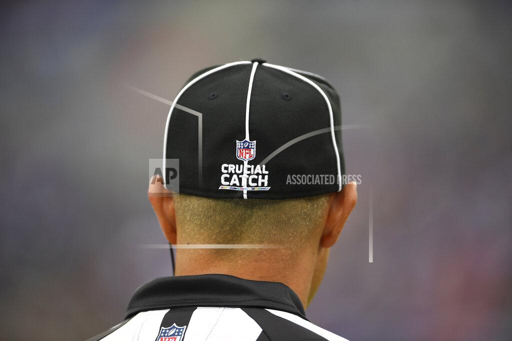 Nick Wass An official's hat is seen with the Crucial Catch logo during the second half of a NFL football game between the Baltimore Ravens and the Cincinnati Bengals Sunday, Oct. 13, 2019, in Baltimore. (AP Photo/Nick Wass)