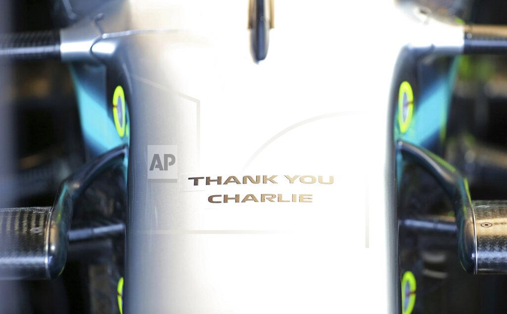 A tribute to Charlie Whiting, the former FIA Formula One Race Director who recently passed away, is on the front of Mercedes driver Lewis Hamilton's car during the final practice session for the Australian Grand Prix in Melbourne, Australia, Saturday, March 16, 2019. The first race of the year is Sunday. (AP Photo/Rick Rycroft)