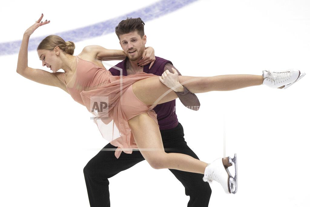 Raul Mee Alexandra Stepanova and Ivan Bukin of Russia perform during ice dance free dance competition of the ISU European Figure Skating Championships in Tallinn, Estonia, Saturday, Jan. 15, 2022. (AP Photo/Raul Mee)