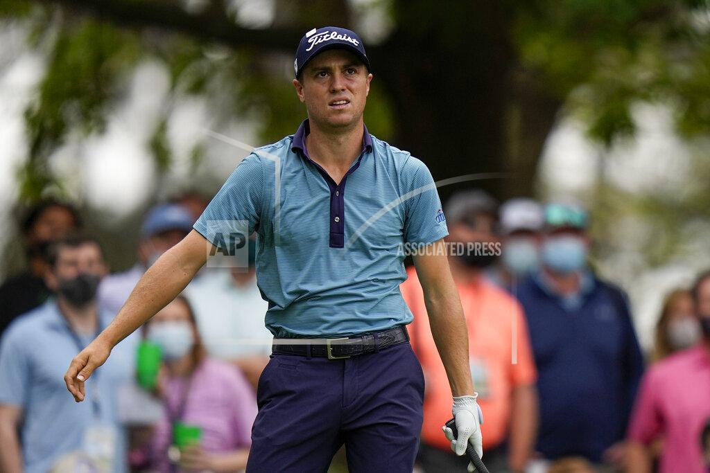 Matt Slocum Justin Thomas reacts after his tee shot on the fourth hole during the second round of the Masters golf tournament on Friday, April 9, 2021, in Augusta, Ga. (AP Photo/Matt Slocum)