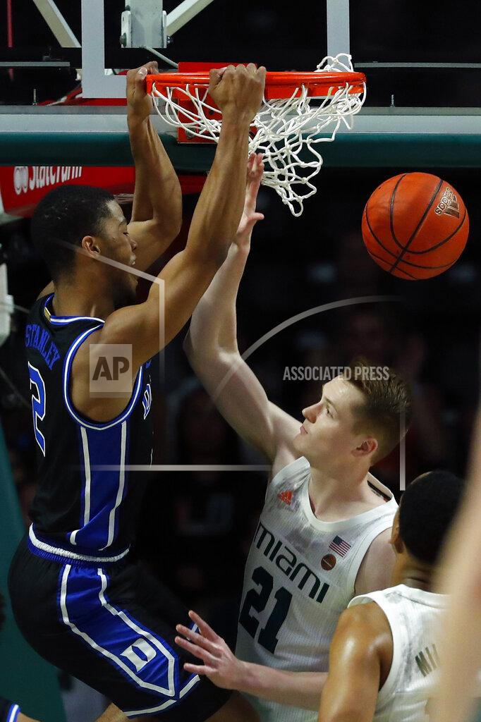 Wilfredo Lee Duke guard Cassius Stanley (2) dunks the ball against Miami forward Sam Waardenburg (21) during the first half of an NCAA college basketball game, Saturday, Jan. 4, 2020, in Coral Gables, Fla. (AP Photo/Wilfredo Lee)