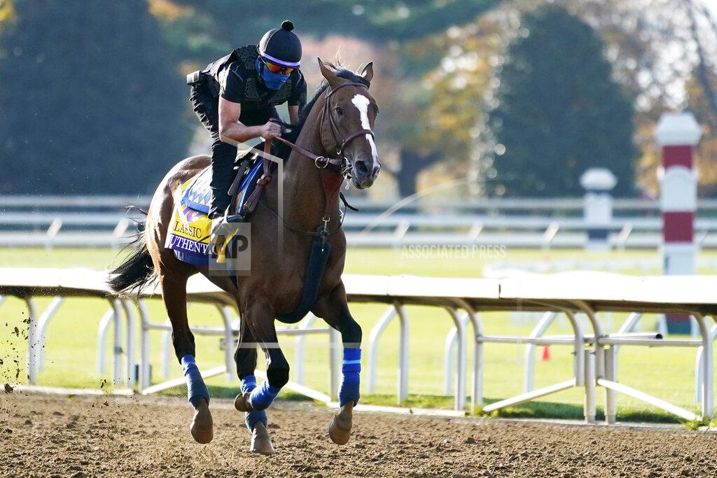 Mark Humphrey Kentucky Derby winner Authentic is taken for a workout at the Breeders' Cup World Championship horse races at Keeneland Race Course Thursday, Nov. 5, 2020, in Lexington, Ky. Authentic is scheduled to run in the Breeders' Cup Classic race Saturday. (AP Photo/Mark Humphrey)