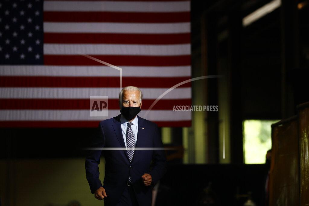 FILE - In this July 9, 2020, file photo Democratic presidential candidate former Vice President Joe Biden arrives to speak at McGregor Industries in Dunmore, Pa. (AP Photo/Matt Slocum, File)