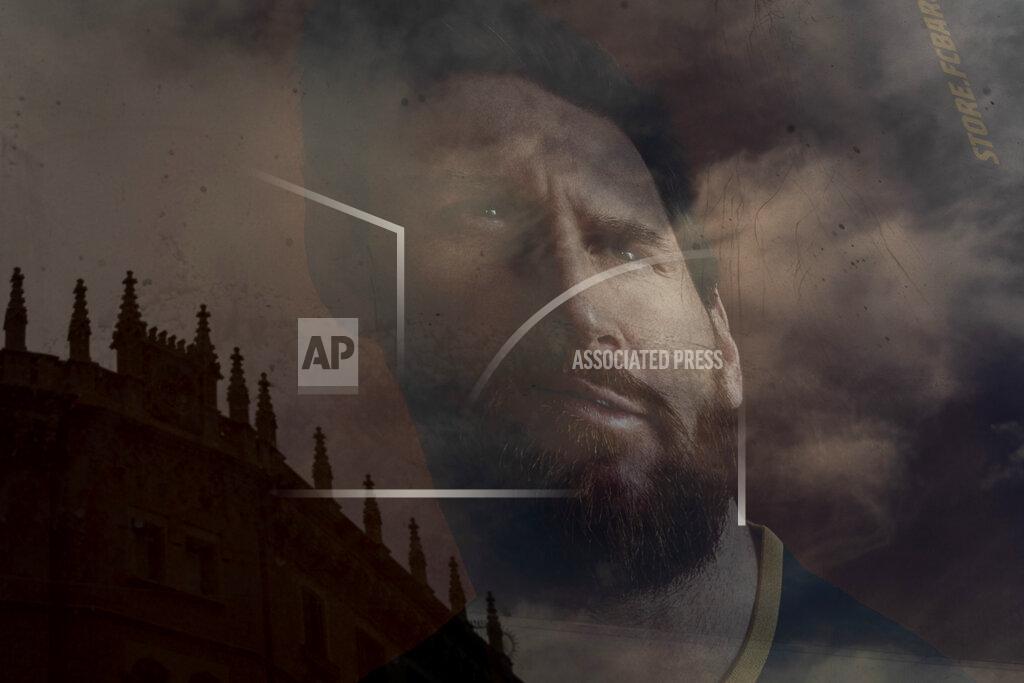 Emilio Morenatti A poster of Barcelona soccer player Lionel Messi is reflected in a window of a F.C Barcelona store in Barcelona, Spain on Tuesday, Sept. 1, 2020. Barcelona is banking on a face-to-face meeting with Lionel Messi to try to convince him to stay. Talks with Messi’s father-agent are expected this week in Barcelona but the club also hopes to sit down with the player himself. (AP Photo/Emilio Morenatti)