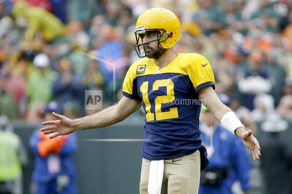 Mike Roemer Green Bay Packers quarterback Aaron Rodgers celebrates during the second half of an NFL football game against the Denver Broncos Sunday, Sept. 22, 2019, in Green Bay, Wis. (AP Photo/Mike Roemer)