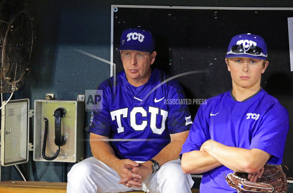 FILE - In this June 24, 2017, file photo, TCU head coach Jim Schlossnagle, left, reacts in the dugout after losing to Florida in an NCAA College World Series baseball elimination game in Omaha, Neb. Florida won 3-0. College baseball stands to benefit from Major League Baseball's decision to shorten its 2020 draft to as few as five rounds and limit signing bonuses for undrafted free agents to $20,000. Schlossnagle said $20,000 shouldn't be enough to entice many players to sign, saying that up-front money doesn't go very far when it must be used to supplement a small minor-league salary. (AP Photo/Nati Harnik, File)