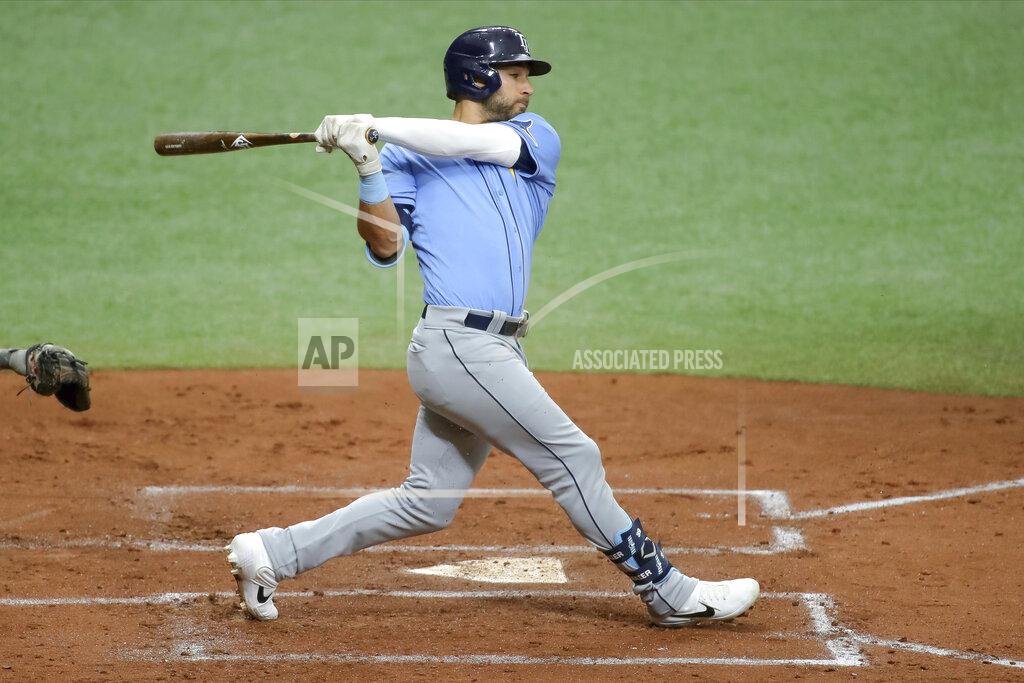Mike Carlson FILE - In this Saturday, July 11, 2020, file photo, Tampa Bay Rays' Kevin Kiermaier bats during baseball practice in St. Petersburg, Fla. (AP Photo/Mike Carlson, File)