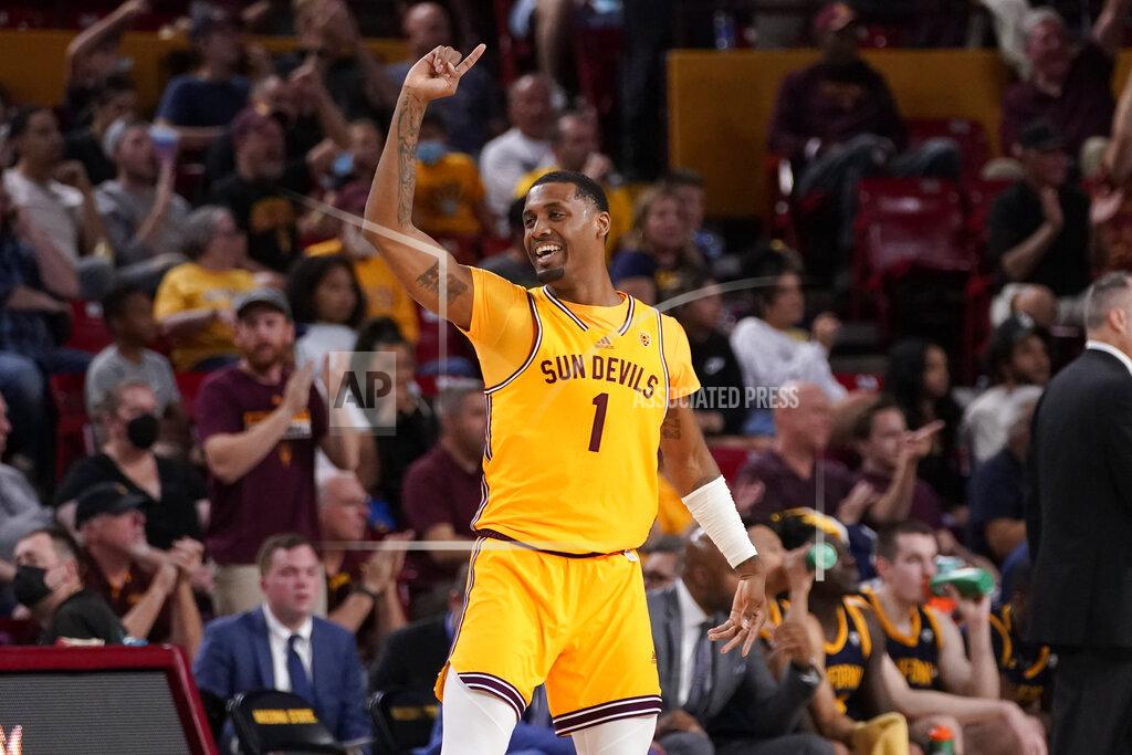 Matt York Arizona State guard Luther Muhammad (1) celebrates a basket during the second half of an NCAA college basketball game against California, Thursday, March 3, 2022, in Tempe, Ariz. (AP Photo/Matt York)