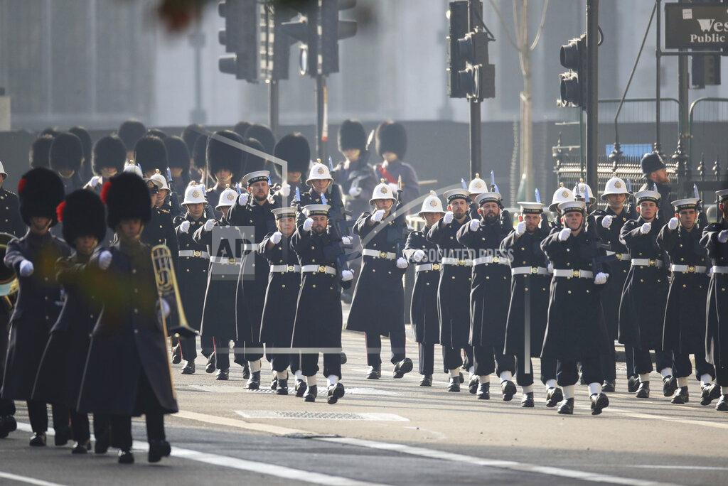 Aaron Chown Members of the Royal Navy march, ahead of the Remembrance Sunday service at the Cenotaph, in Whitehall, London, Sunday Nov. 8, 2020. (Aaron Chown, Pool Photo via AP)