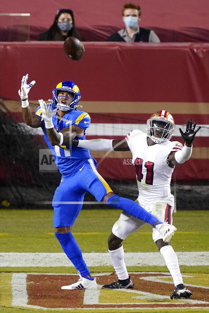 Tony Avelar Los Angeles Rams wide receiver Josh Reynolds, left, catches a touchdown pass next to San Francisco 49ers cornerback Emmanuel Moseley (41) during the second half of an NFL football game in Santa Clara, Calif., Sunday, Oct. 18, 2020. (AP Photo/Tony Avelar)